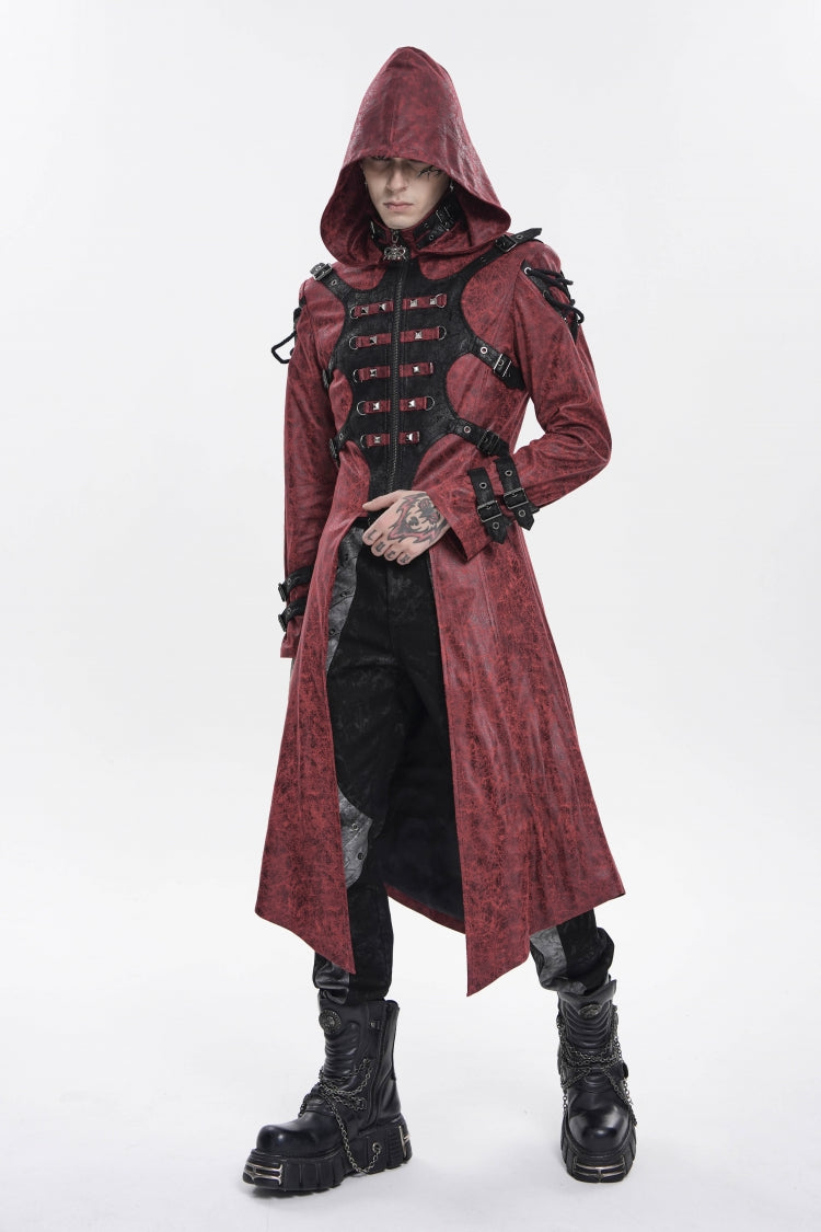 Crimson High-Neck Punk Hooded Jacket with Prints, Studs, and Zippers