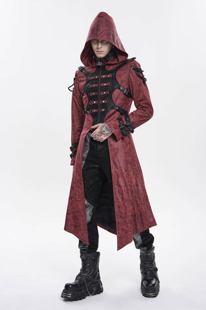 Crimson High-Neck Punk Hooded Jacket with Prints, Studs, and Zippers