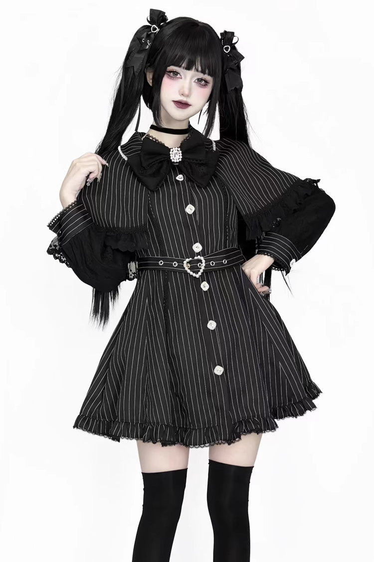 Ebony Long-Sleeve Striped Cape Ruffle Lace Gothic Jirai Kei Dress