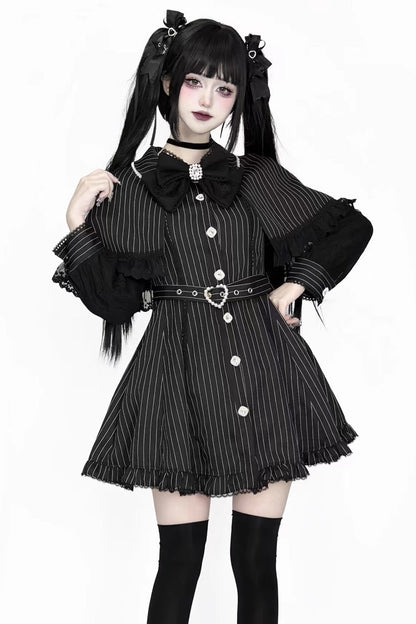 Ebony Long-Sleeve Striped Cape Ruffle Lace Gothic Jirai Kei Dress