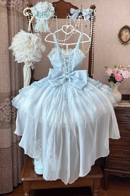 Azure Dance of Time Sleeveless Triple Ruffled Bow Lace-Up Sweet Ballet Lolita Jumper Dress