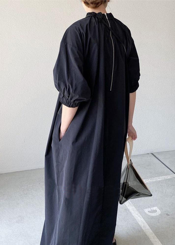 Navy Back Zippered Dress Half Women Cotton Maxi Sleeve