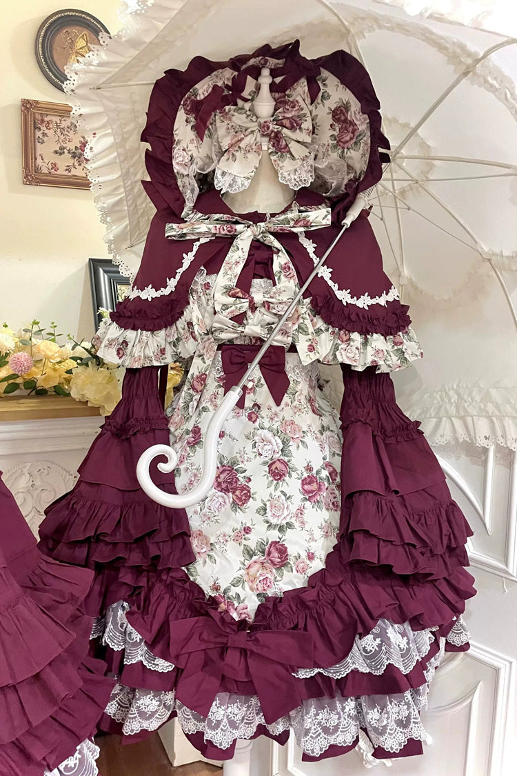 Off Shoulder Ruffled Bow Lace Gothic Lolita JSK Dress with Rose Print
