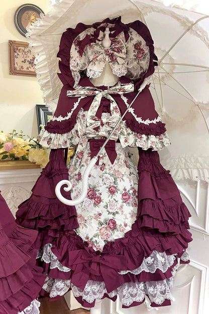 Off Shoulder Ruffled Bow Lace Gothic Lolita JSK Dress with Rose Print