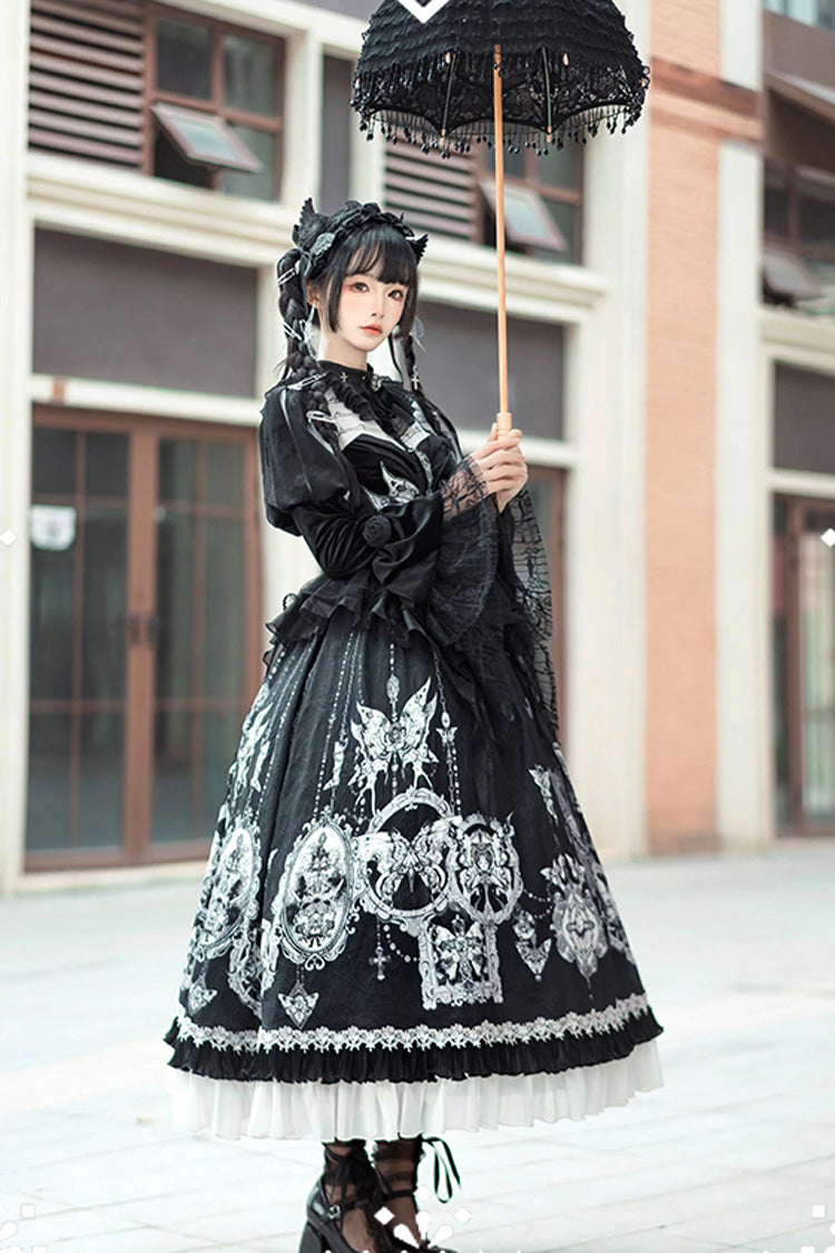 Gothic Lolita Long Dress with Print, Ruffle, and Bowknot Lace in Black