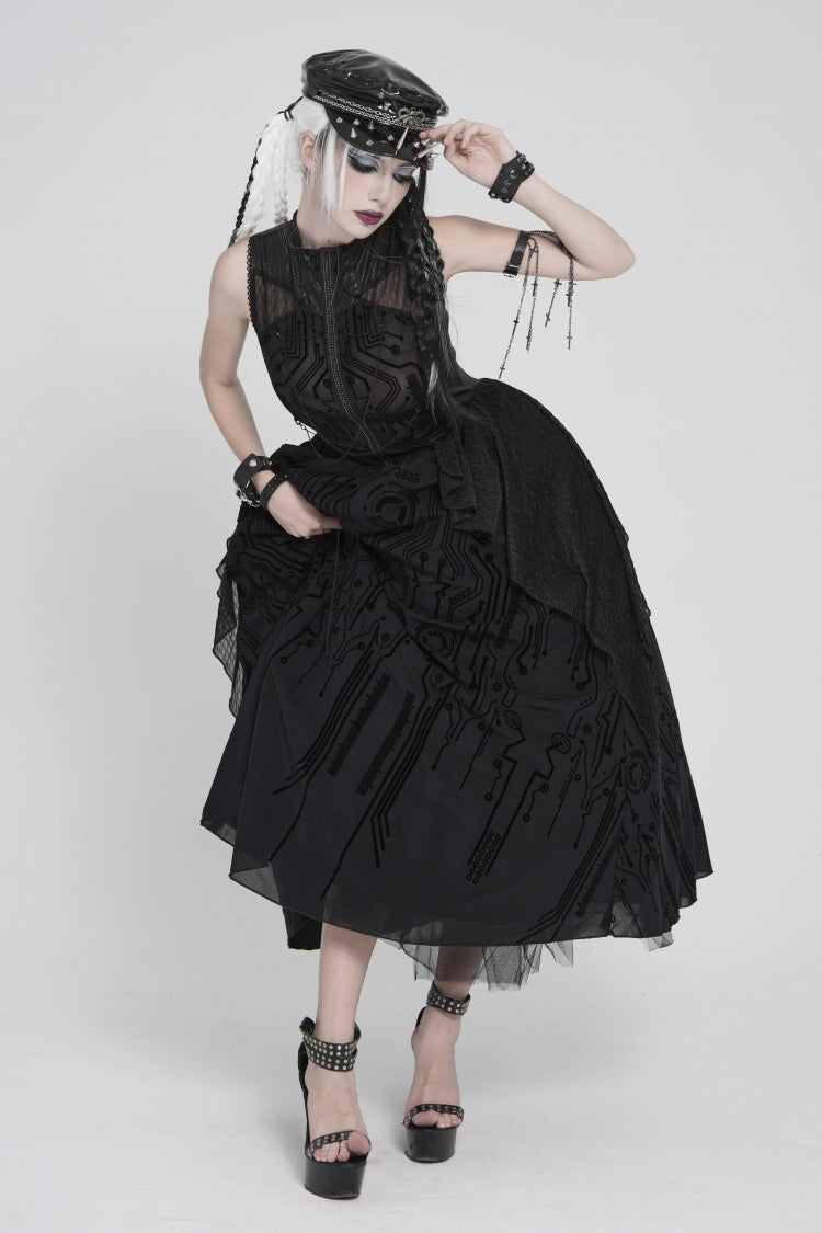 Gorgeous Black Punk Dress for Women, Layered Print with Sheer Fabric