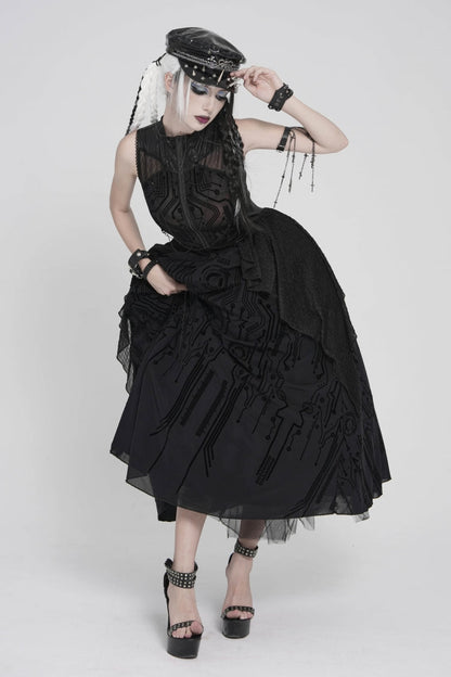 Gorgeous Black Punk Dress for Women, Layered Print with Sheer Fabric