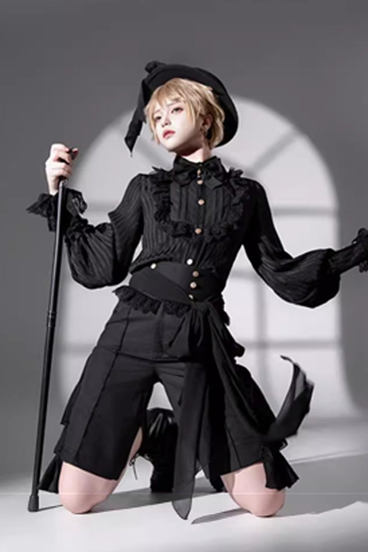 Medieval Ouji Lolita Blouse and Knee-Length Shorts Set in Black