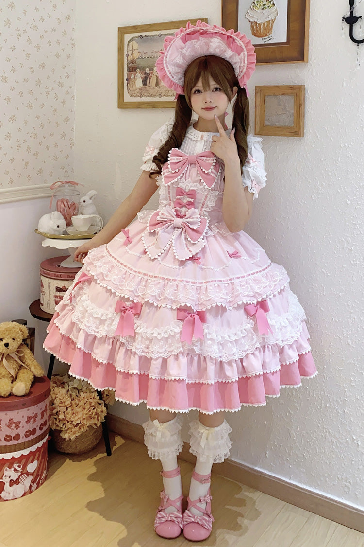 Blush Sleeveless Multi-Layered Ruffle Bow Lace Sweet JSK - Fondant Cake