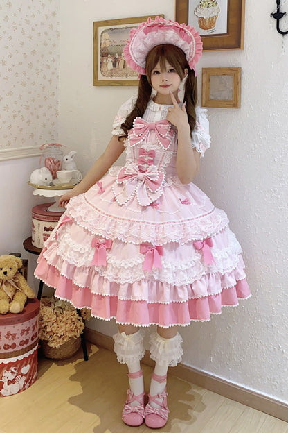 Blush Sleeveless Multi-Layered Ruffle Bow Lace Sweet JSK - Fondant Cake
