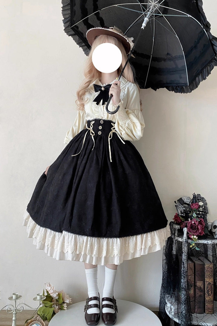 Ebony High-Waist Embroidered Ruffle Lace-Up Palace Skirt - Heart of Rose