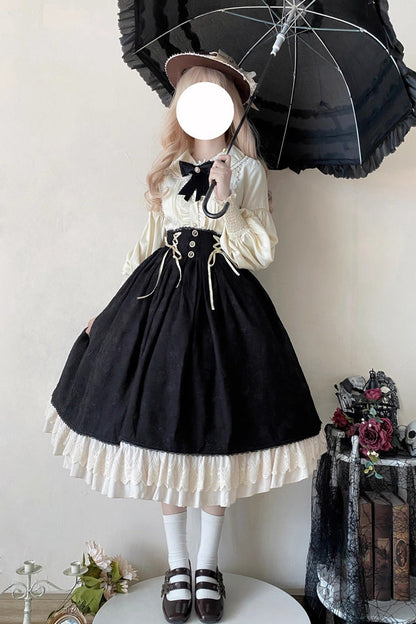 Ebony High-Waist Embroidered Ruffle Lace-Up Palace Skirt - Heart of Rose