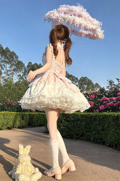 Blush Sleeveless Bow-Trimmed Lace JSK with Ruffle Accents - Leiffu
