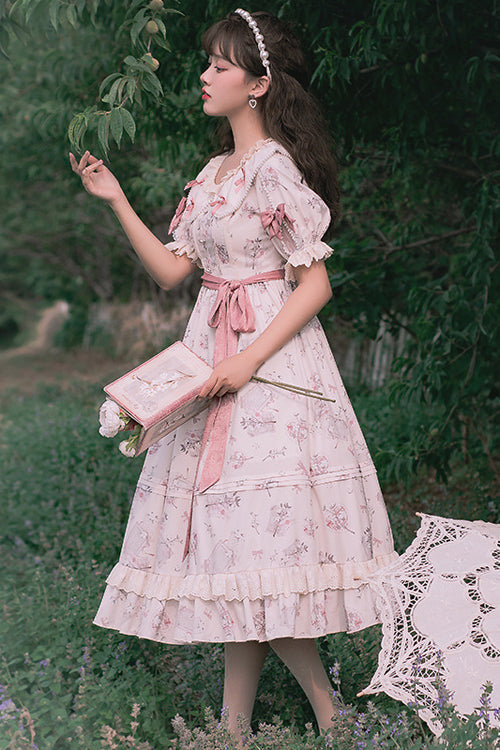 Sweet Lolita OP Gown with Flower Print, Round Collar & High Waist