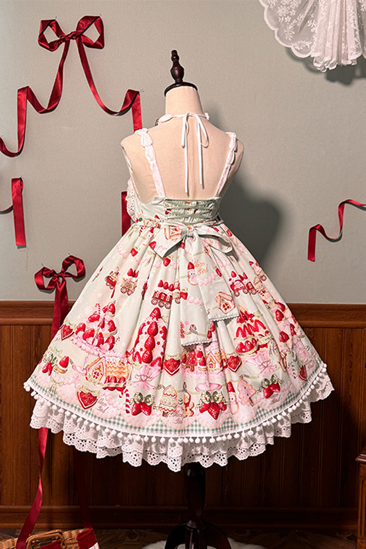 High Waisted Ruffle Bowknot Sweet Lolita JSK Dress with Strawberry Dessert Print - 4 Colors