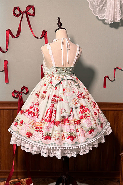 High Waisted Ruffle Bowknot Sweet Lolita JSK Dress with Strawberry Dessert Print - 4 Colors