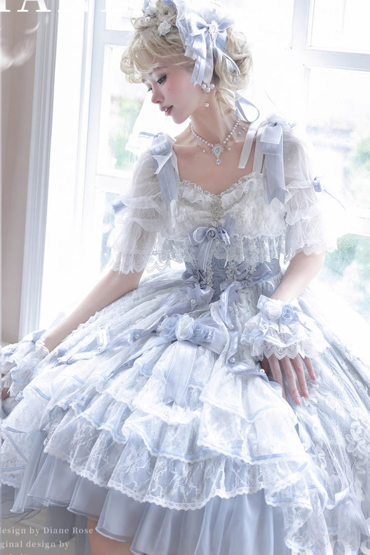 Azure Diane Rose Short Sleeve Multi-Layered Jacquard Ruffle Hanayome Cardigan Bow Lace Sweet Lolita Gown