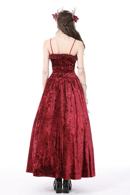 Crimson Sleeveless Gothic Velvet Slip Maxi Dress with Lace and Chains