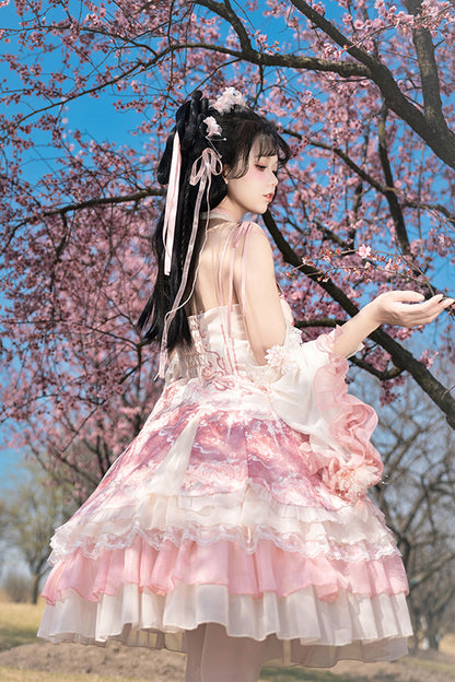 Blush Multi-Layered Print Ruffle Bow Chinese Style JSK - Flower Feast