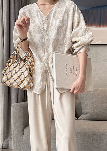 Neck Cotton Spring Apricot Button Jacquard V Casual Shirts