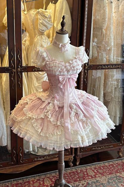 Blush Layered Ruffled Bow Lace-Up JSK with Embroidery