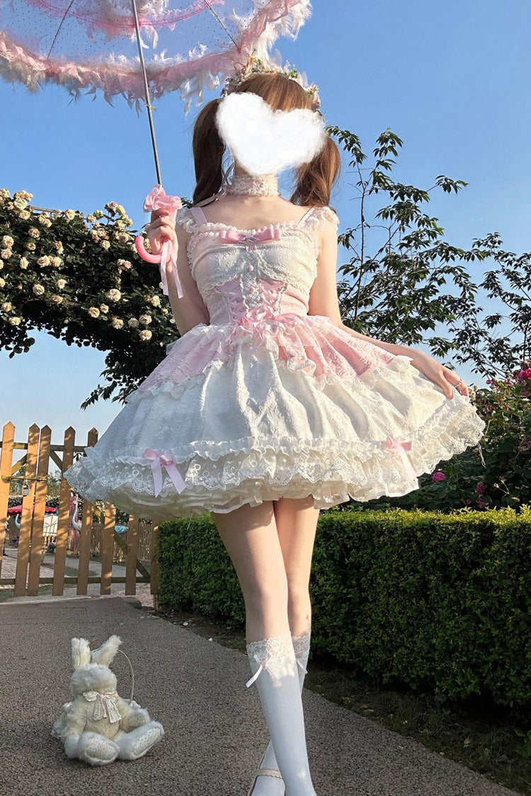 Blush Sleeveless Bow-Trimmed Lace JSK with Ruffle Accents - Leiffu
