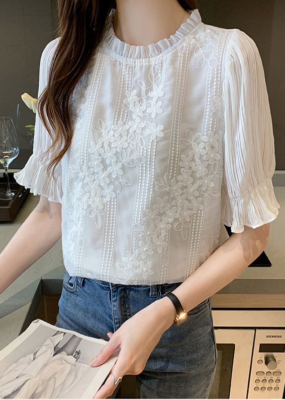 Shirts Chiffon White Bohemian Summer Embroidered Floral