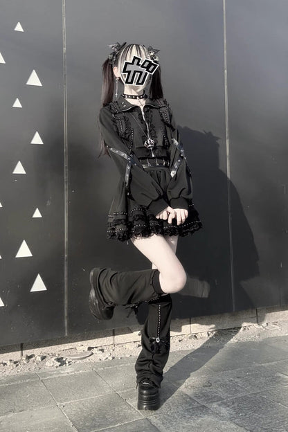 Japanese Handsome Skirt Set with Ruffled Lace and Zipper in Black