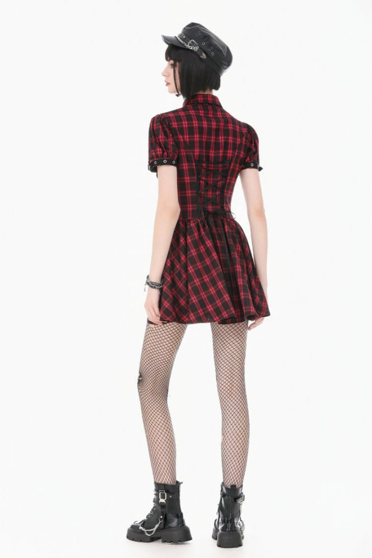 Crimson & Charcoal Tartan Notch Collar Cutout Short Sleeve Laced Punk Retro Mini Dress