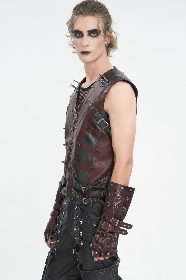 Crimson Punk Half-Finger Gloves with Mesh, Studs, and Buckles