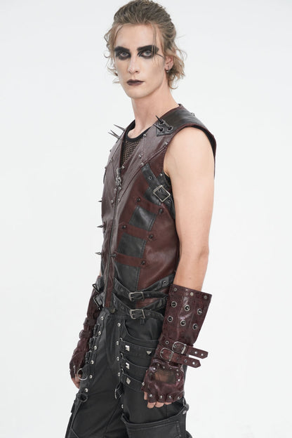 Crimson Punk Half-Finger Gloves with Mesh, Studs, and Buckles