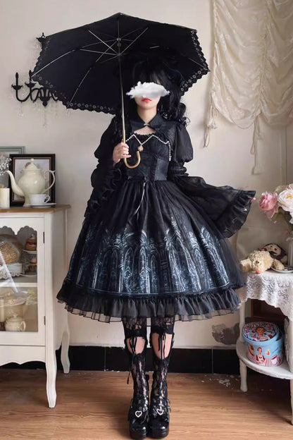 Nocturnal Church Print Ruffle JSK Gothic Dress