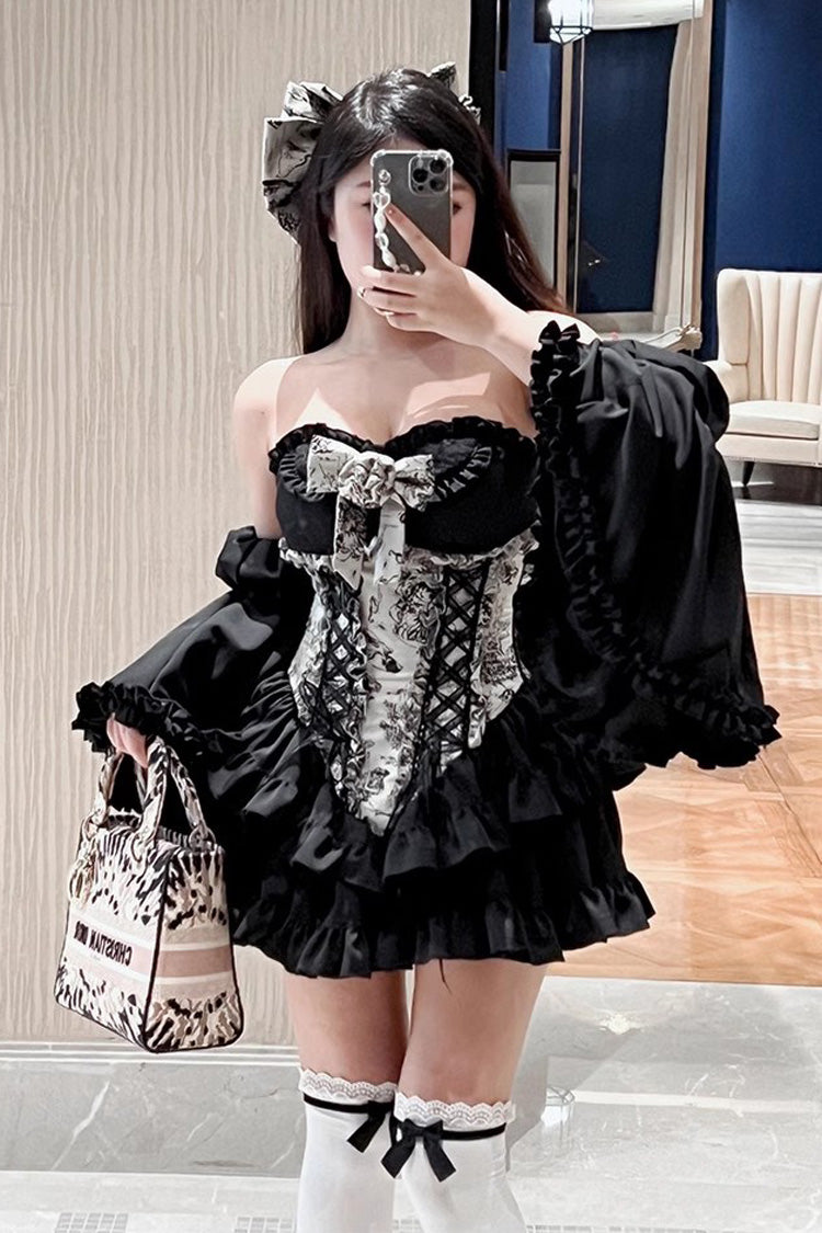 Ebony Printed Embroidered Bow Princess Strapless Gown - Gentle Treasure