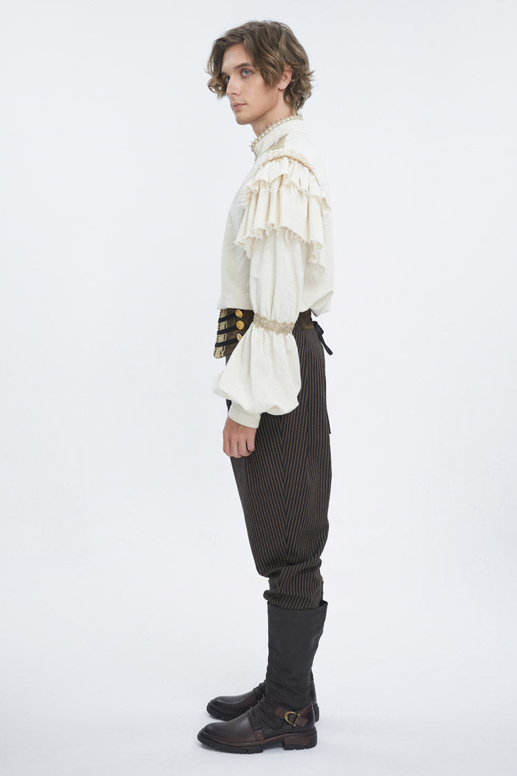 Gothic Men's Blouse with Lantern Sleeves & Multi-Layer Ruffled Stand Collar