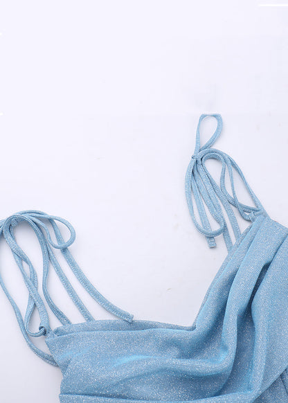 Strap Dinner Spaghetti Design Original Blue Wrinkled Dress