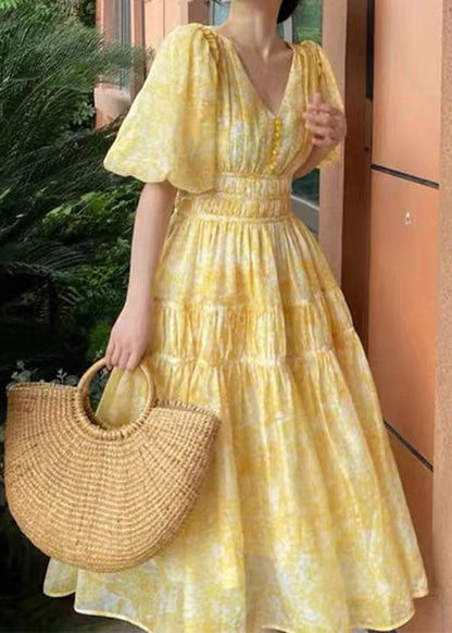 Print Bohemian Long Yellow V Neck Summer Dress Chiffon