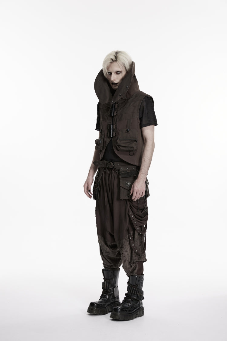 Men's Black Punk Vest, Convertible Collar with Patch Pockets