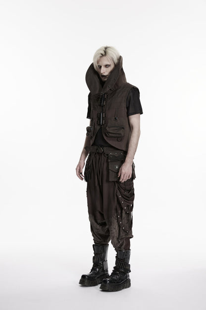 Men's Black Punk Vest, Convertible Collar with Patch Pockets