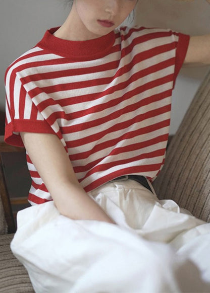 Collar Stand Tanks Striped Summer Women Cotton Red