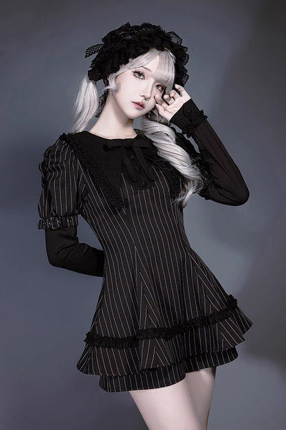 Ebony Long-Sleeve Striped Ruffle Bow Jirai Kei Witch Set