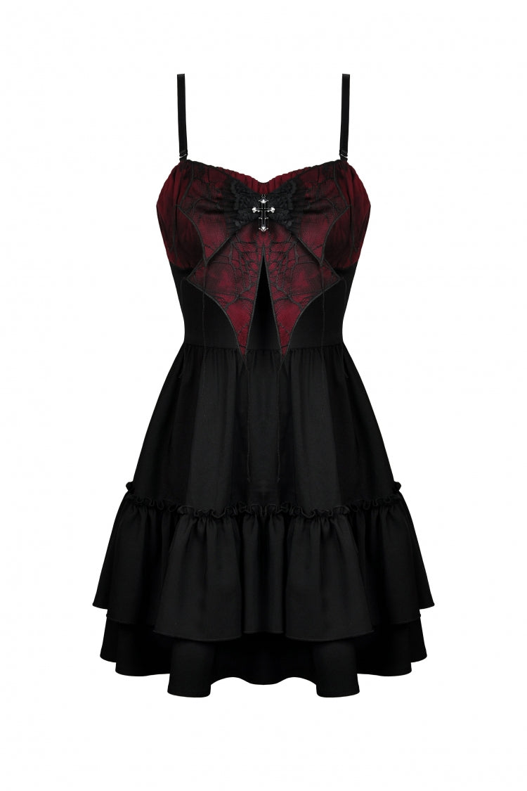 Crimson & Obsidian Sleeveless Bowknot Lace-Up Double-Layered Frilly Gothic Slip Graduation Dress