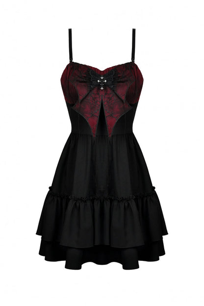 Crimson & Obsidian Sleeveless Bowknot Lace-Up Double-Layered Frilly Gothic Slip Graduation Dress