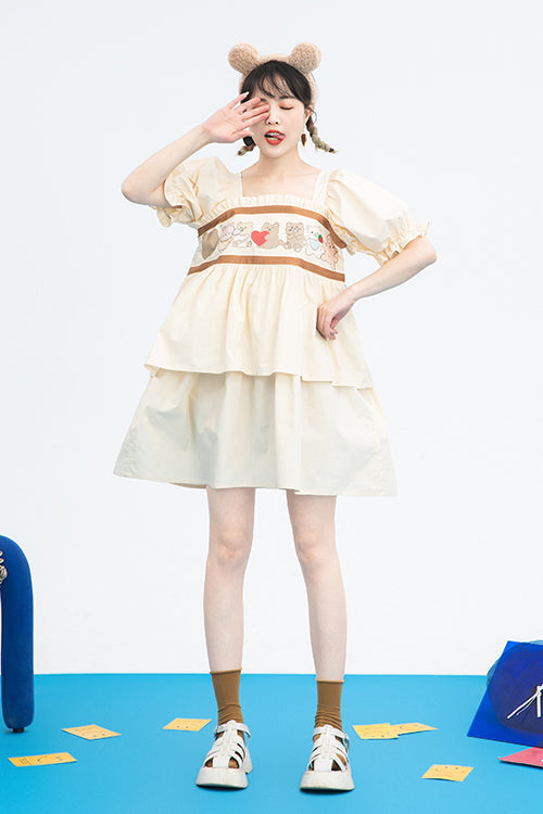 Vintage Sweet Lolita Gown with Bear Print, Square Neck & Ruffled Sleeves