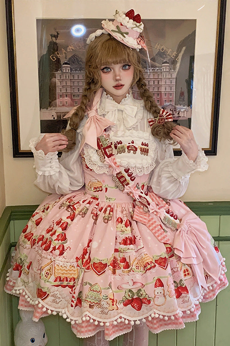 Natural Waisted Ruffle Bowknot Sweet Lolita JSK Dress with Strawberry Dessert Print - 4 Colors