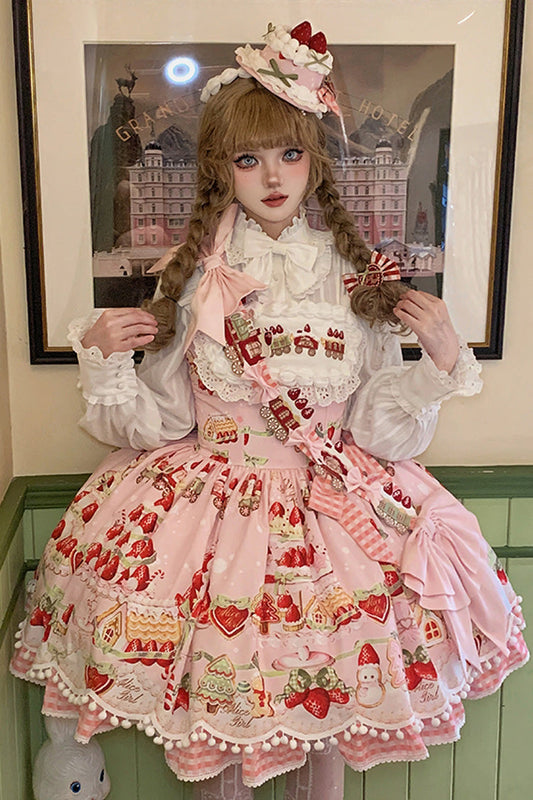 Natural Waisted Ruffle Bowknot Sweet Lolita JSK Dress with Strawberry Dessert Print - 4 Colors