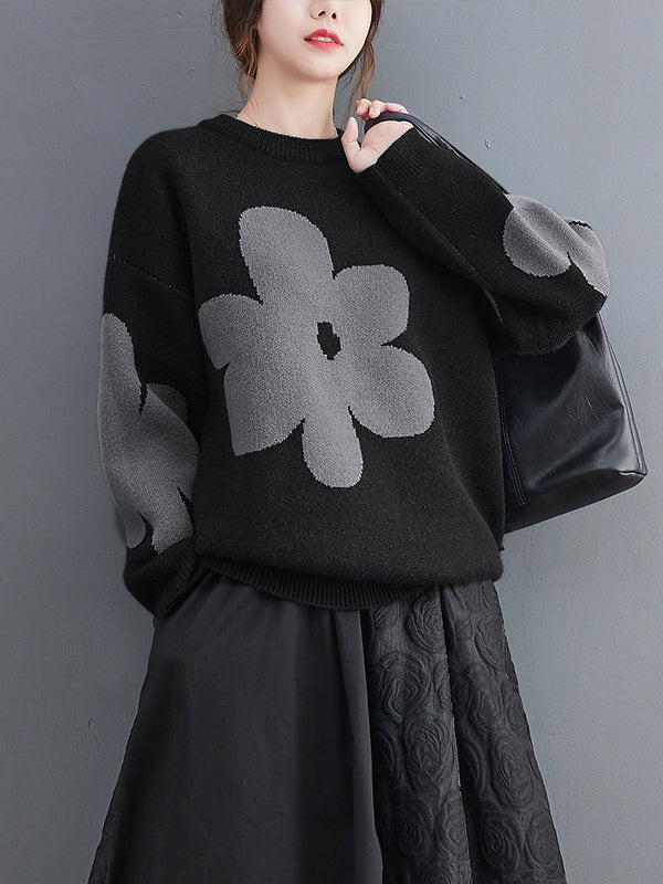 Cute Loose Black Round-Neck Contrast Color Flower Long Sleeve Sweater AN1070