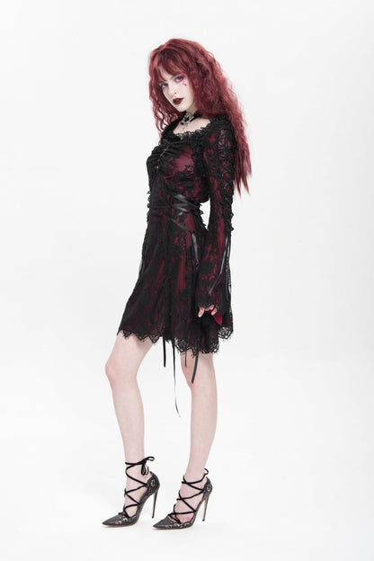 Crimson Square-Neck Gothic Dress with Floral Embroidery and Lace-Up
