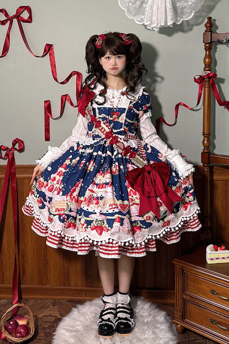 Doll Collar Short Sleeve Print Ruffle Bowknot Sweet Lolita Dress with Strawberry Dessert - 4 Colors