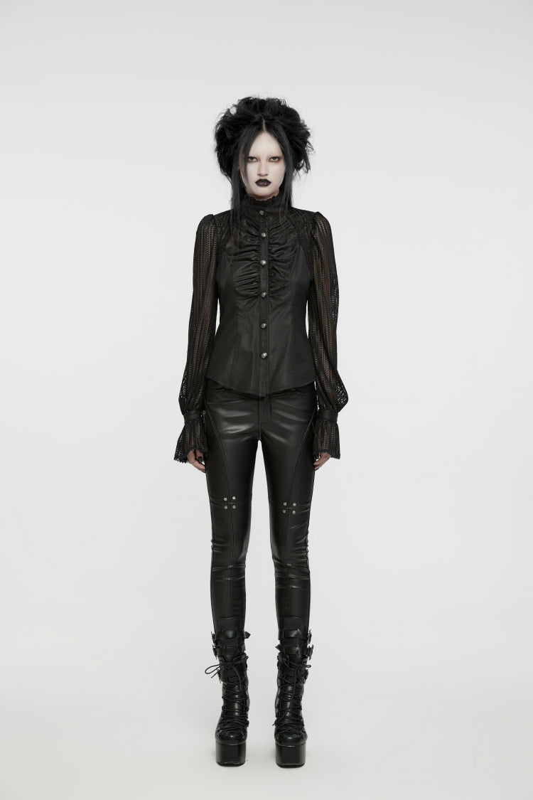 Black Mesh Punk Blouse, High Collar with Stitching for Women