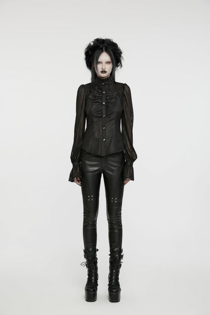 Black Mesh Punk Blouse, High Collar with Stitching for Women